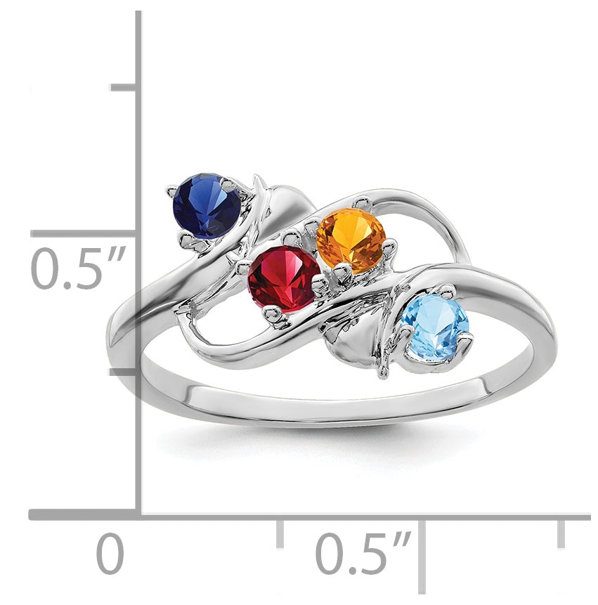 Sterling Silver Rhodium plated Synthetic 2.75mm 4 Stone Mother's Ring, 2 mm Band width