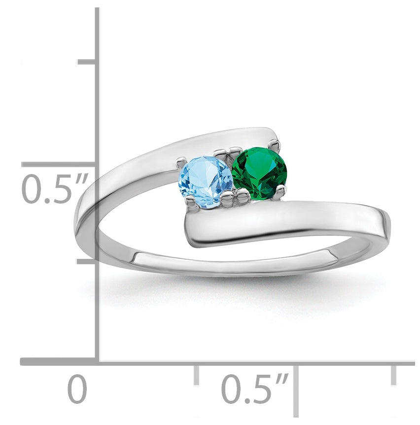 Sterling Silver Rhodium plated Synthetic 3mm 2 Stone Mother's Ring, 2mm Band width