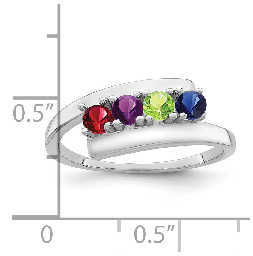 Sterling Silver Rhodium plated Synthetic 3mm 4 Stone Mother's Ring, 2 mm Band width