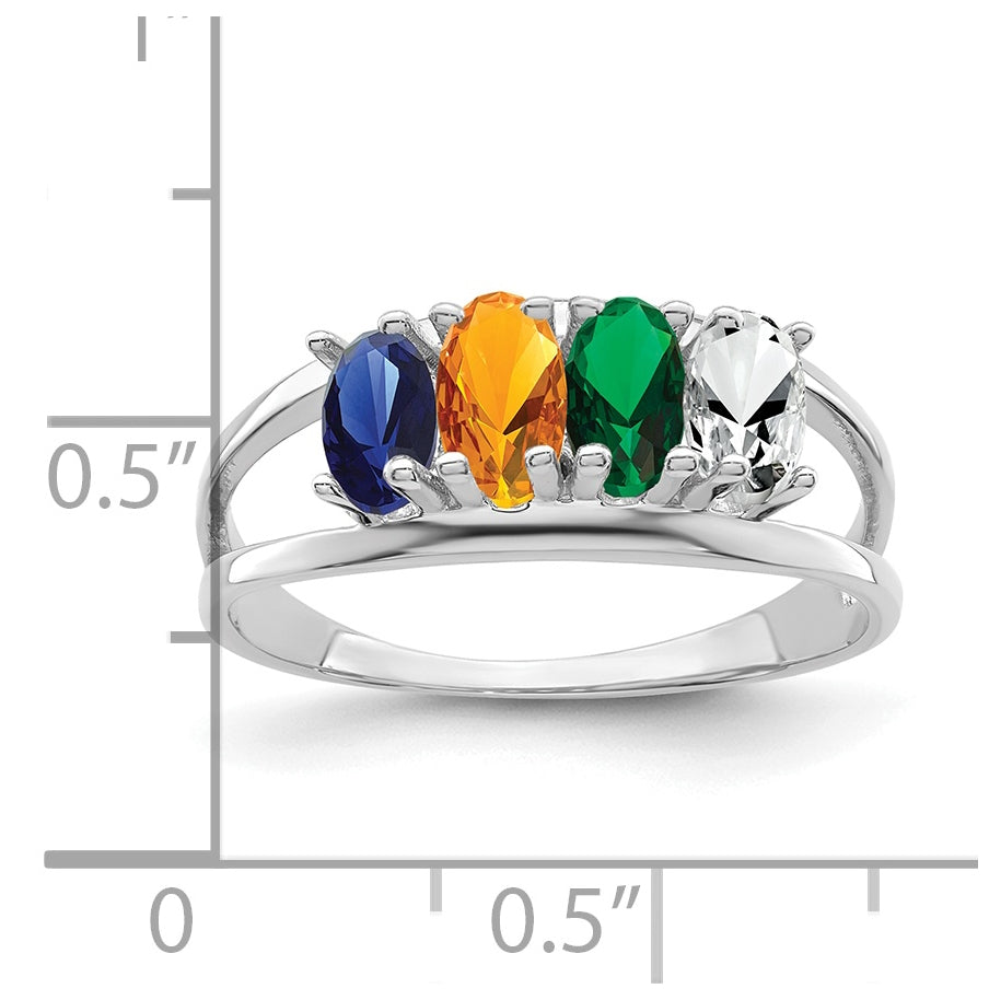 Sterling Silver Rhodium plated Synthetic 5x3mm 4 Stone Mother's Ring, 2 mm Band width