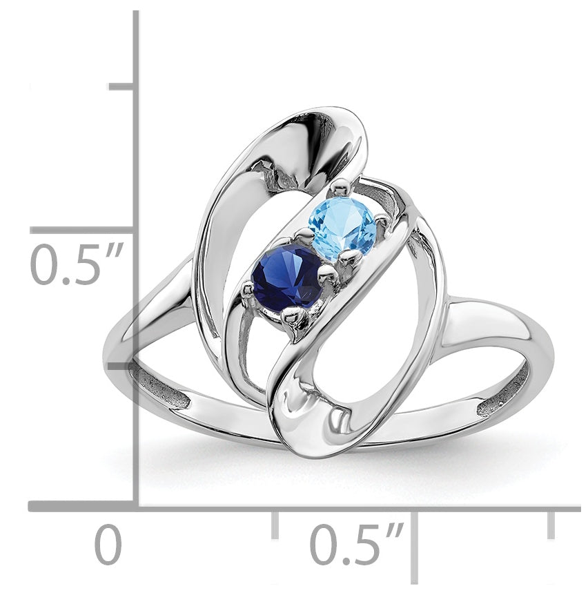 Sterling Silver Rhodium plated Synthetic 2 Stone Mother's Ring, 2mm Band width