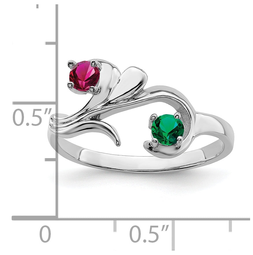 Sterling Silver Rhodium plated Synthetic 2 Stone Mother's Ring, 3mm Band width
