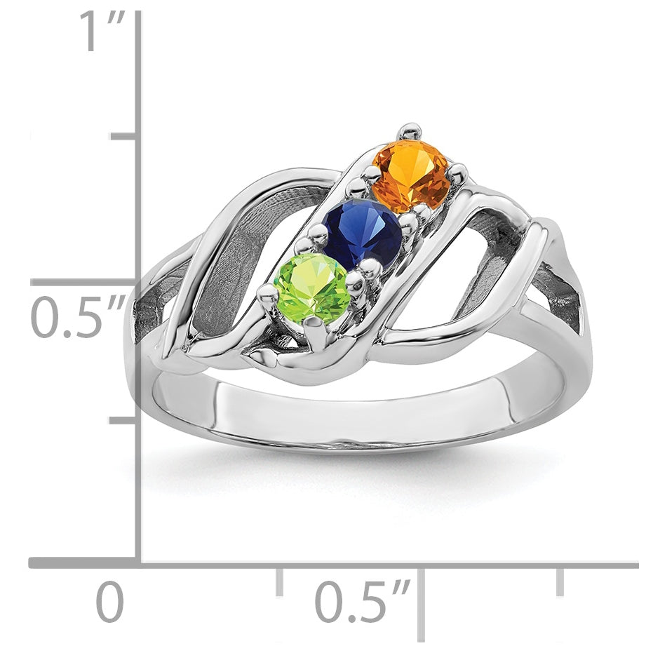 Sterling Silver Rhodium plated Synthetic 3mm 3 Stone Mother's Ring, 2 mm Band width
