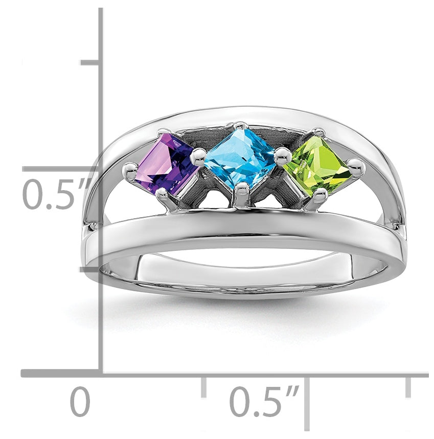 Sterling Silver Rhodium plated Synthetic 3-Stone Family Jewelry Ring