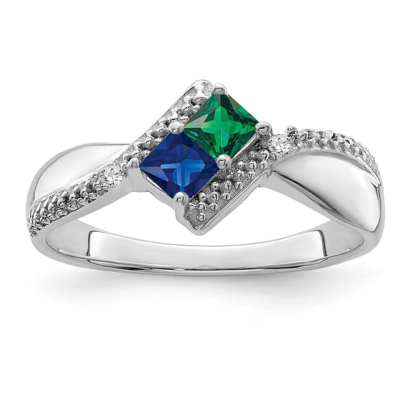 Sterling Silver Rhodium plated Synthetic 2 Stone Mother's Ring