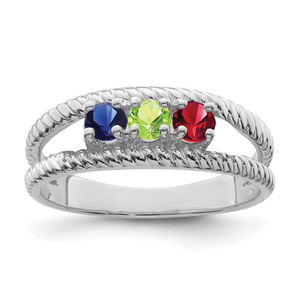Sterling Silver Rhodium plated Synthetic 3 Stone Mother's Ring