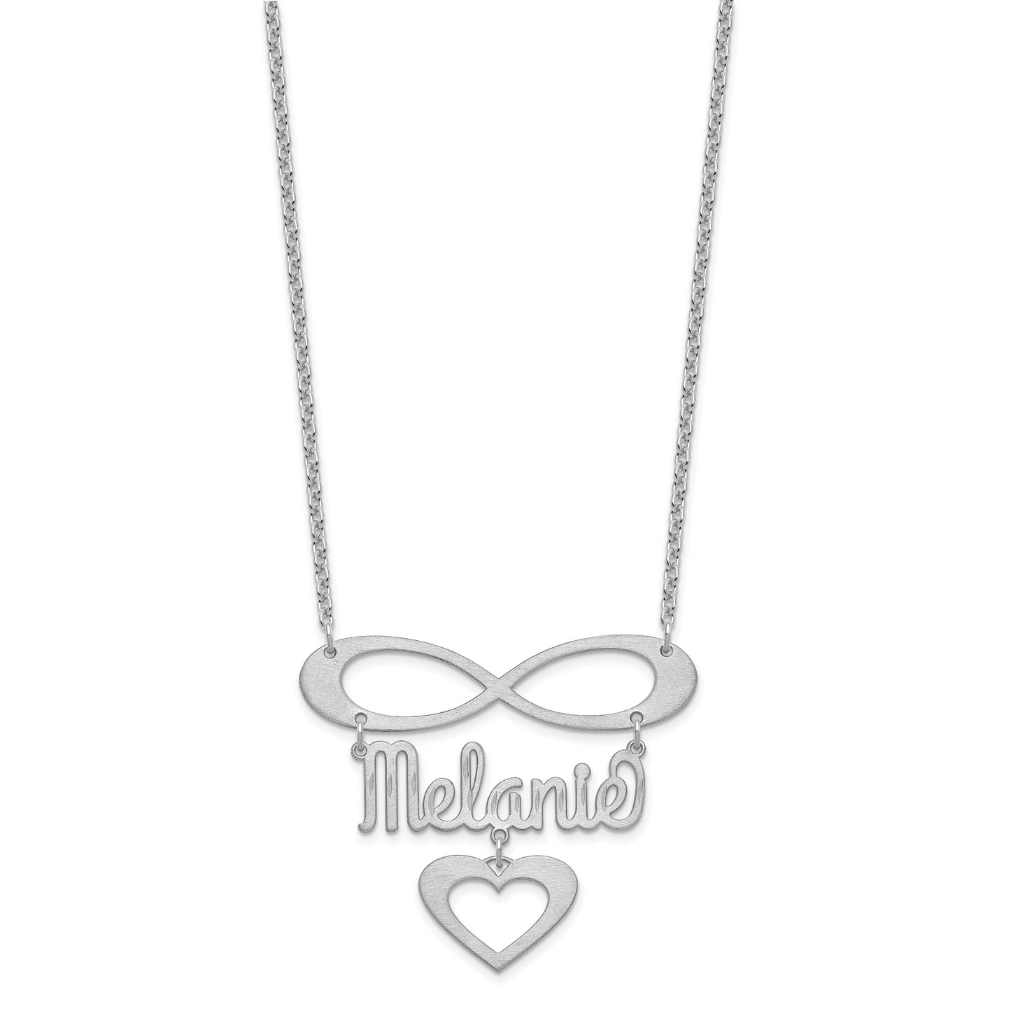 Sterling Silver Rhodium plated Brushed Infinity with Name and Heart Necklace