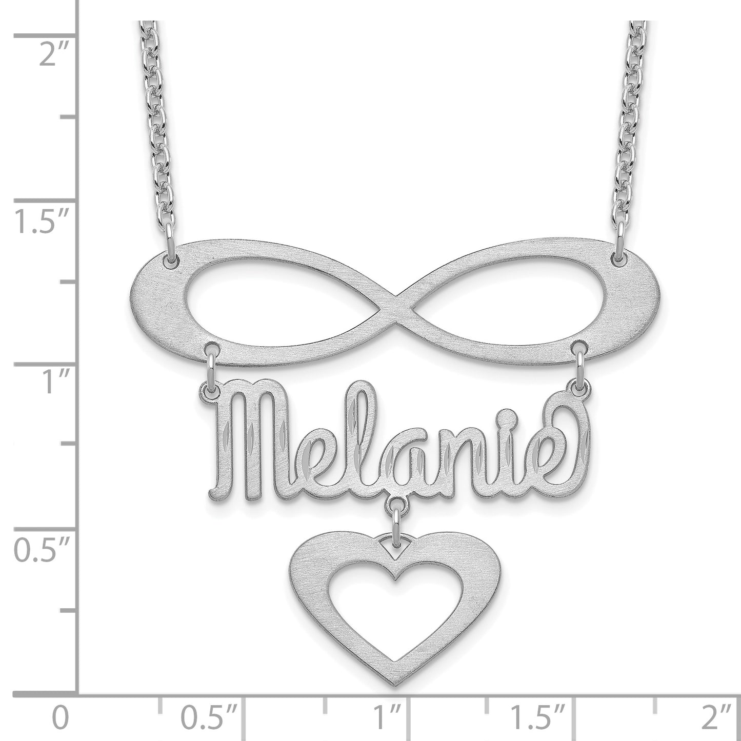 Sterling Silver Rhodium plated Brushed Infinity with Name and Heart Necklace