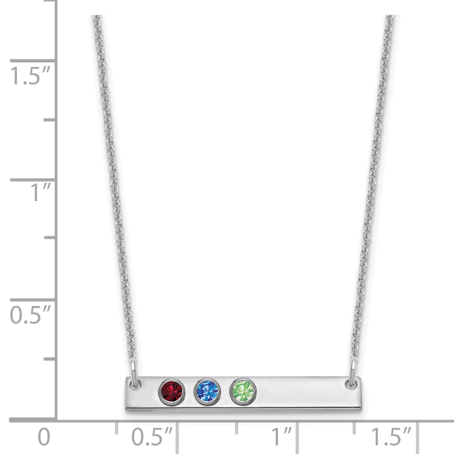 14K White Gold 3 Birthstone with 18k Rhodium Plated Bezels Small Bar Necklace