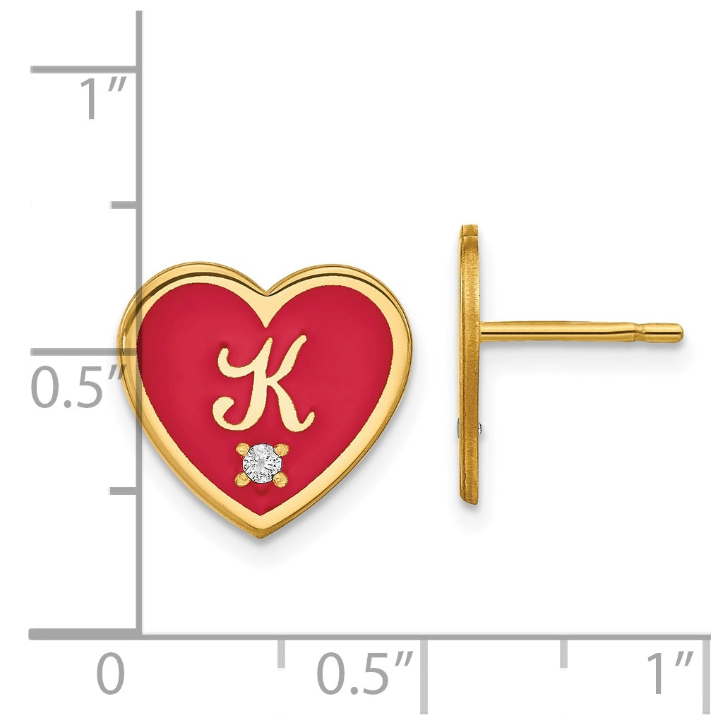 14K Yellow Gold Initial Enameled Heart with Diamond Post Earrings
