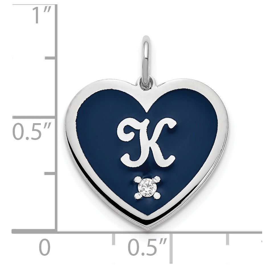 Sterling Silver Rhodium plated Monogram Initial Enameled Heart with Diamond Charm