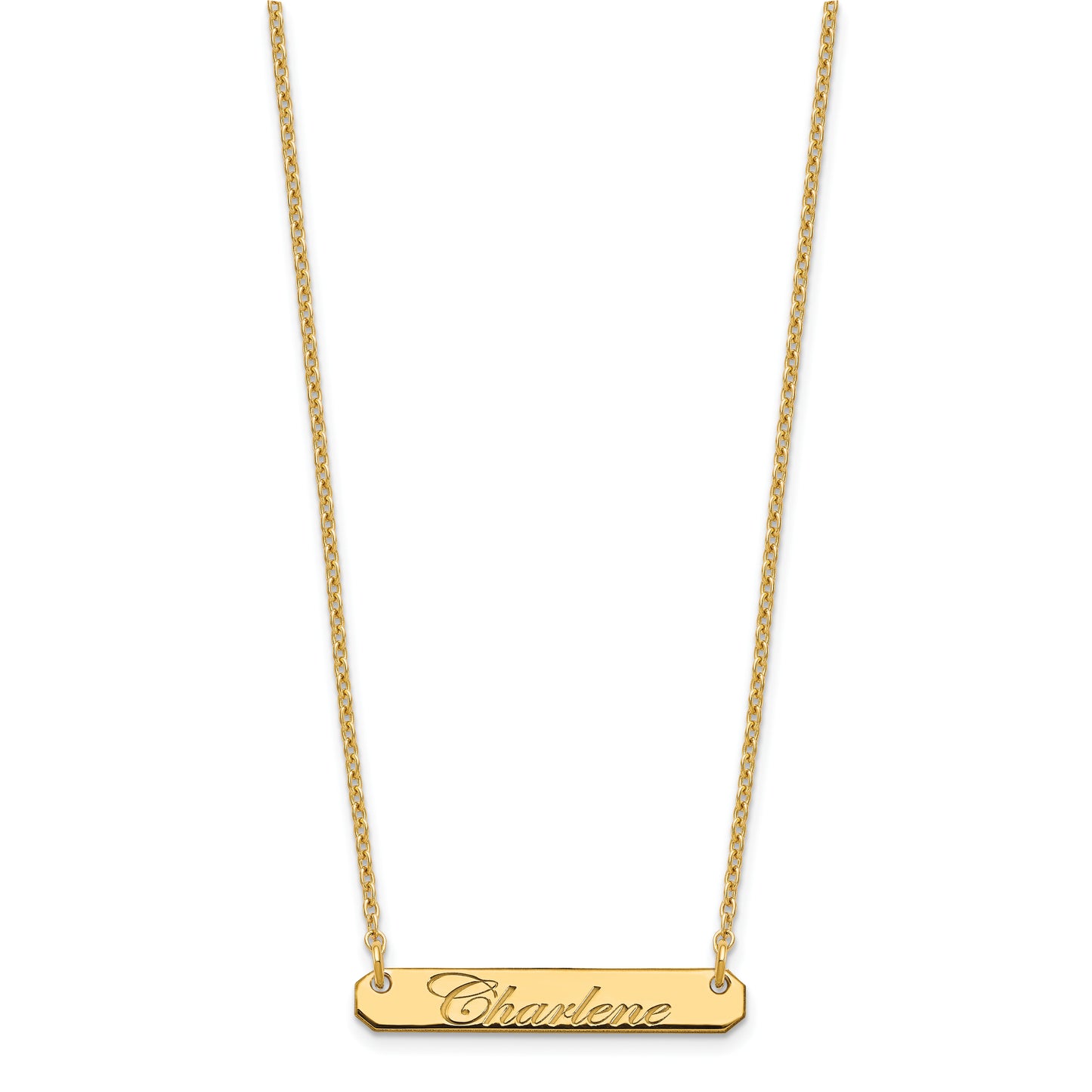 Sterling Silver Gold Plated Small Polished Edwardian Script Bar Necklace