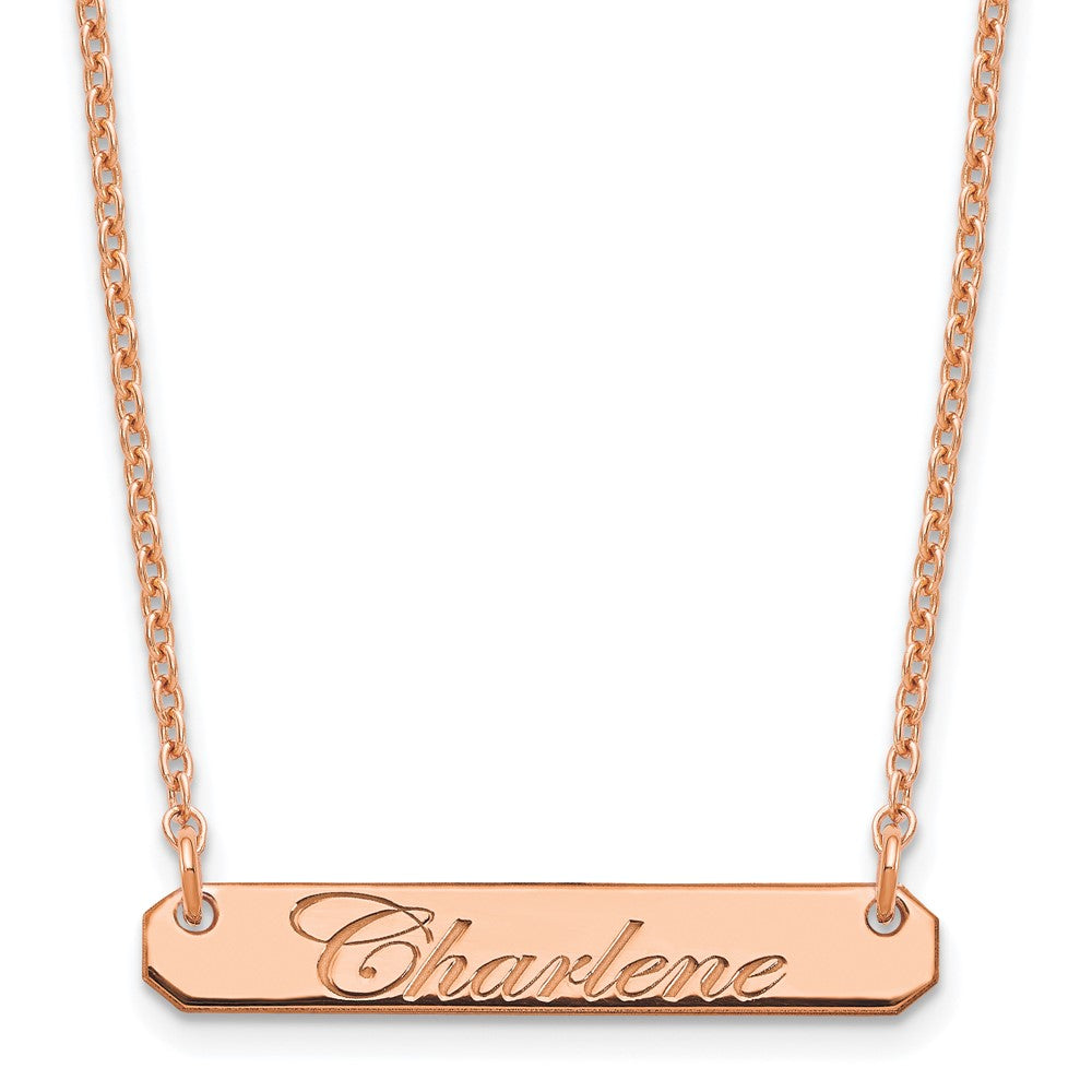 Sterling Silver Rose Gold plated Small Polished Edwardian Script Bar Necklace