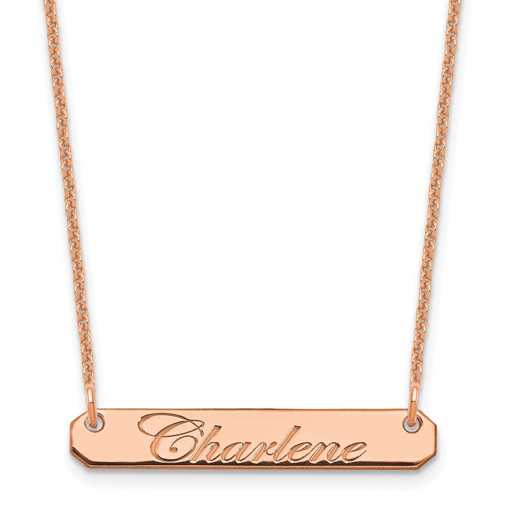 14K Rose Gold Small Polished Edwardian Script Bar Necklace