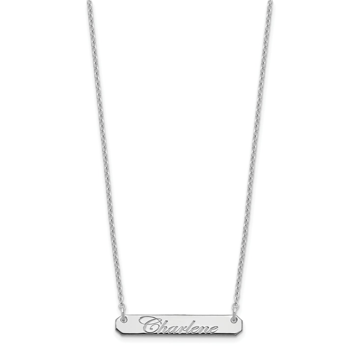 Sterling Silver Rhodium plated Small Polished Edwardian Script Bar Necklace