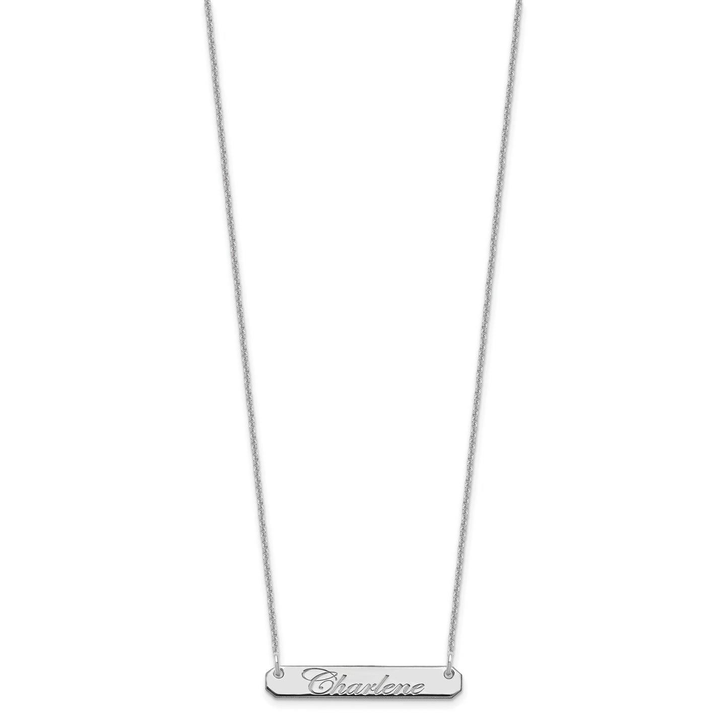 14K White Gold Small Polished Edwardian Script Bar Necklace