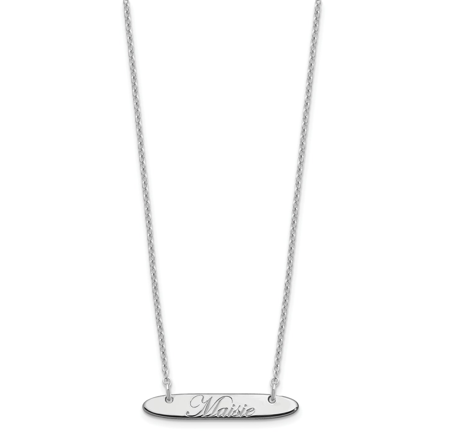 Sterling Silver Rhodium plated Small Polished Oblong Edwardian Script Bar Necklace