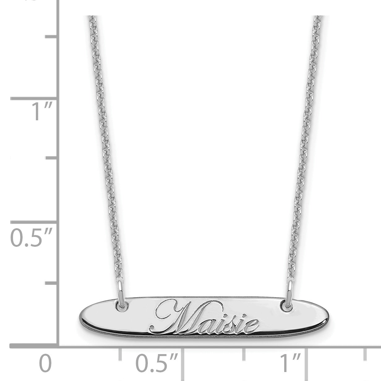 14K White Gold Small Polished Oblong Edwardian Script Bar Necklace