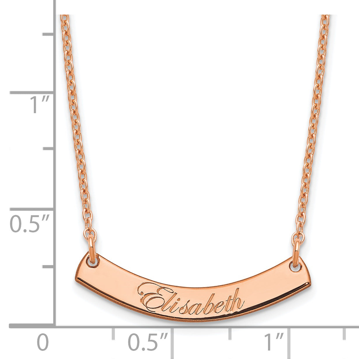 Sterling Silver Rose Gold plated Small Polished Curved Edwardian Script Bar Necklace