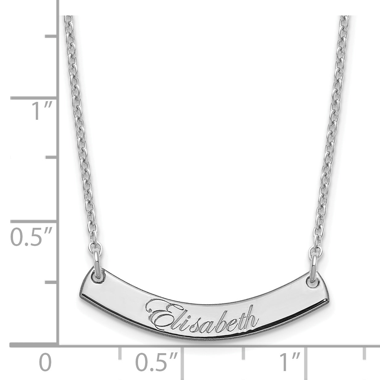 Sterling Silver Rhodium plated Small Polished Curved Edwardian Script Bar Necklace