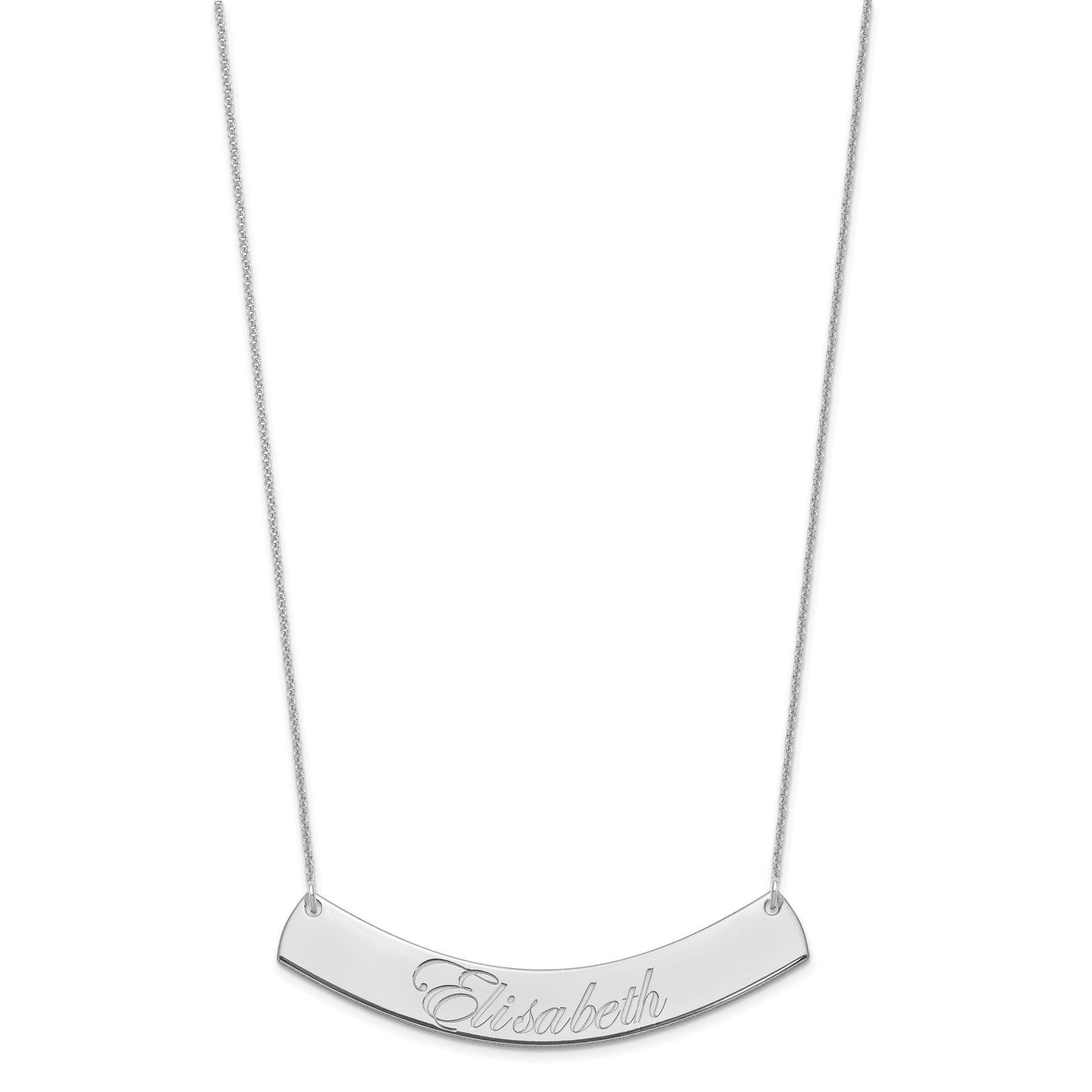 10K White Gold Large Polished Curved Edwardian Script Bar Necklace