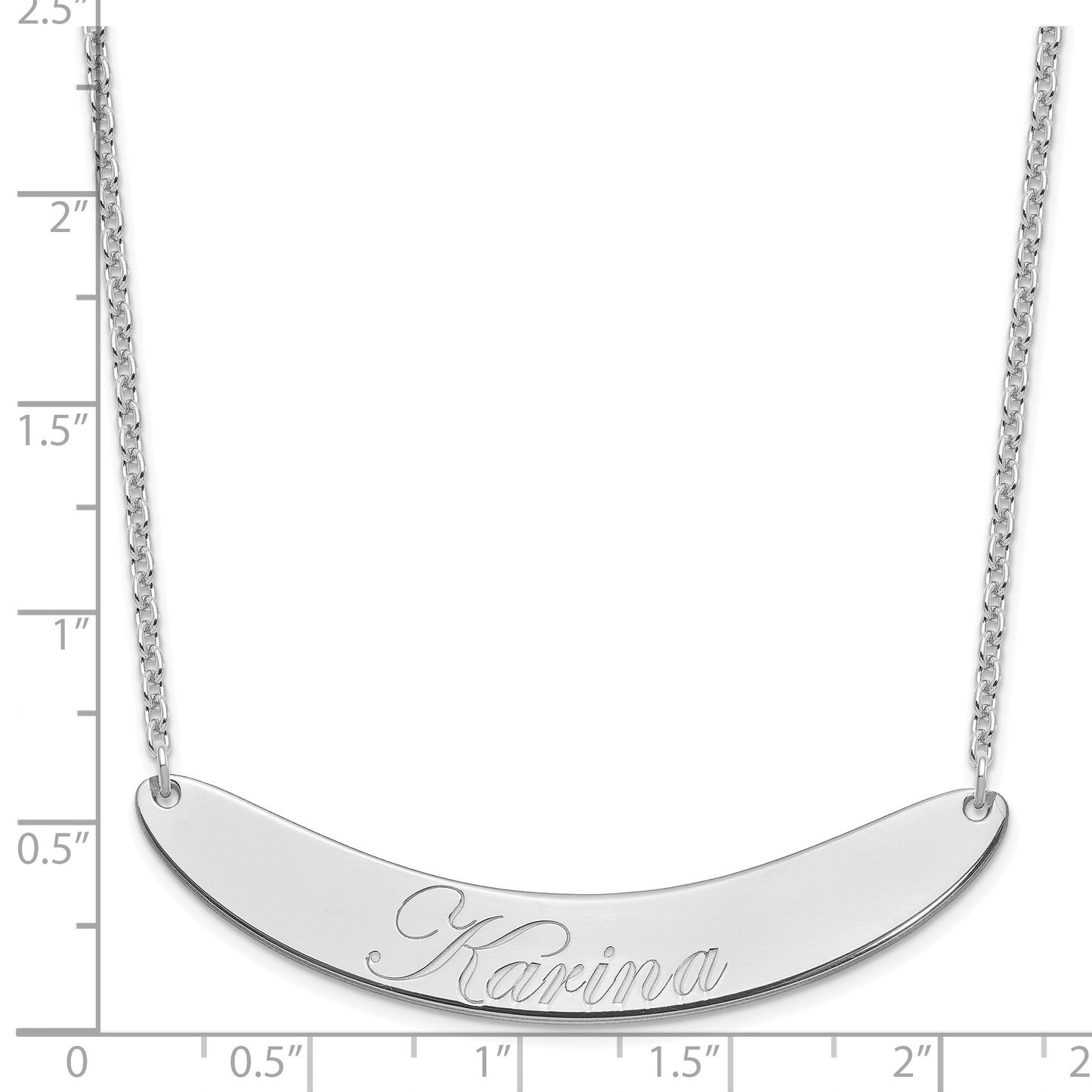 Sterling Silver Rhodium plated Large Polished Curved Edwardian Script Bar Necklace