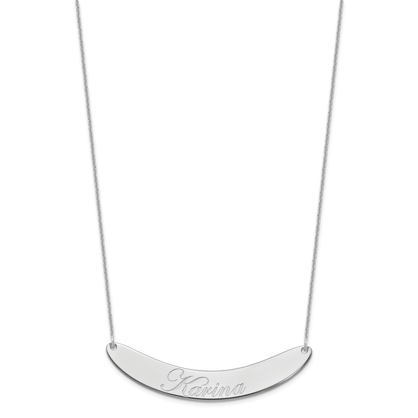 10K White Gold Large Polished Curved Edwardian Script Bar Necklace