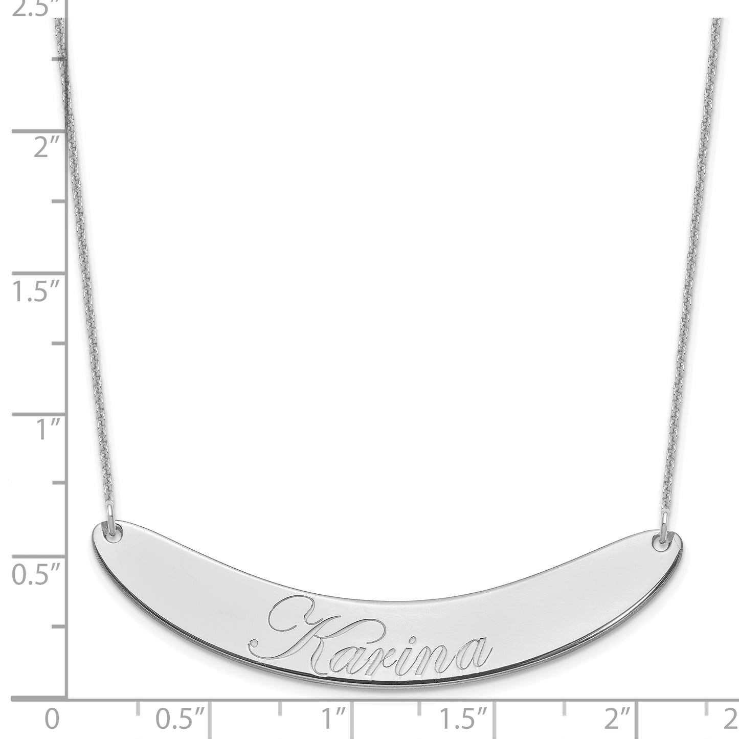 10K White Gold Large Polished Curved Edwardian Script Bar Necklace
