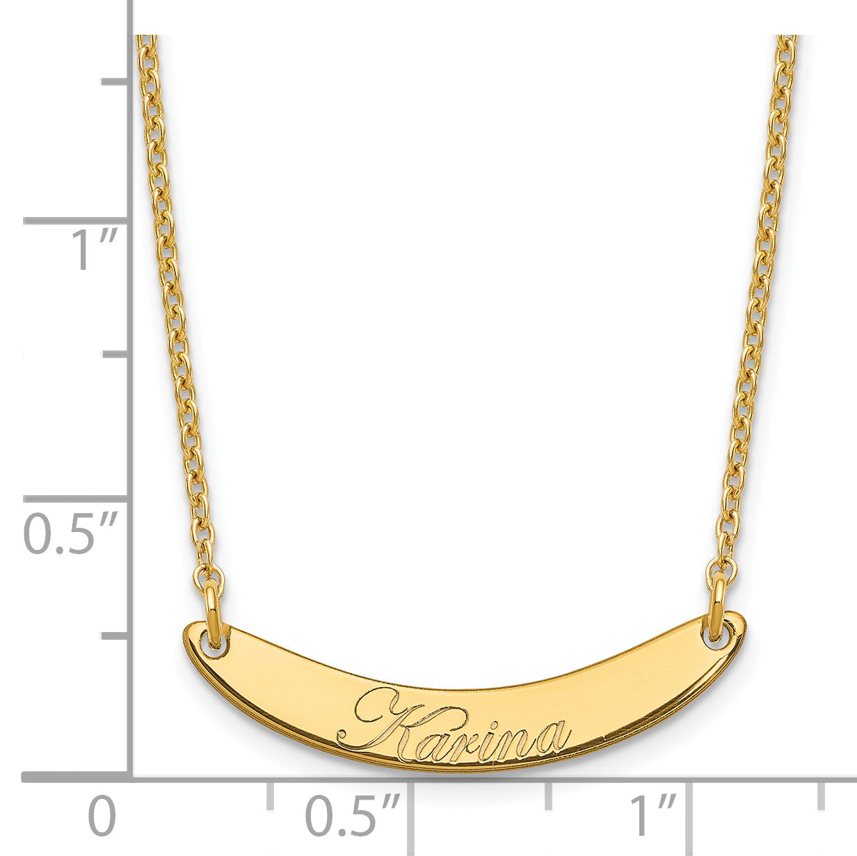 Sterling Silver Gold Plated Small Polished Curved Edwardian Script Bar Necklace