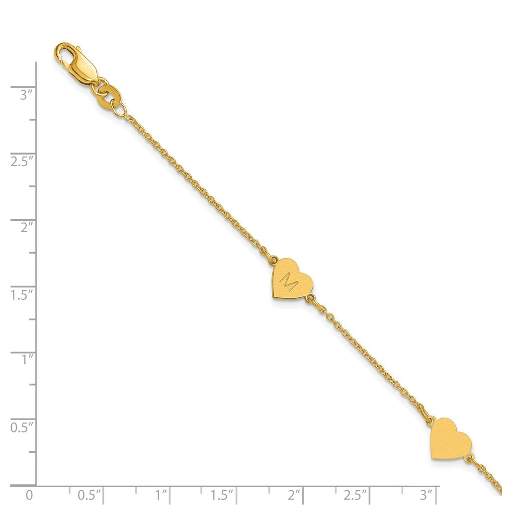 14K Yellow Or White Or Rose Gold Or Sterling Silver Brushed Station Heart Bracelet