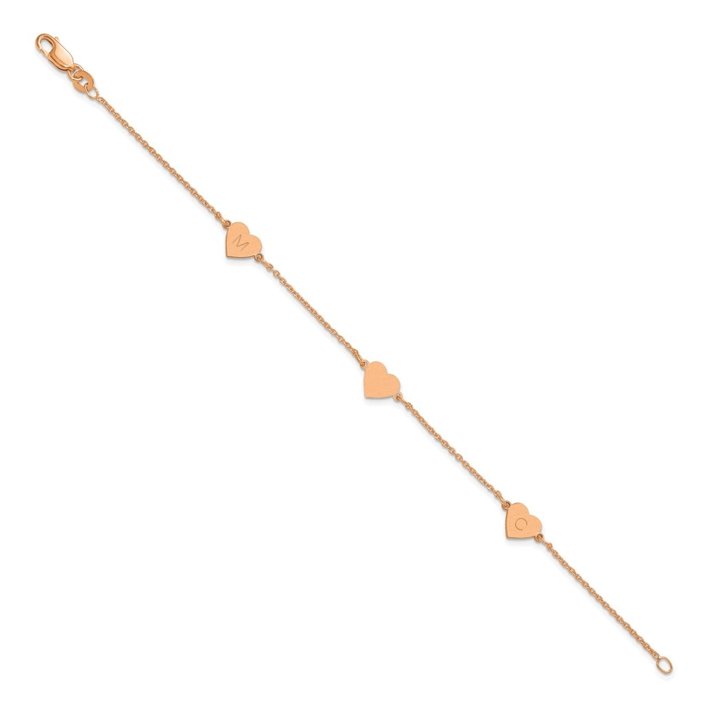 14K Yellow Or White Or Rose Gold Or Sterling Silver Brushed Station Heart Bracelet