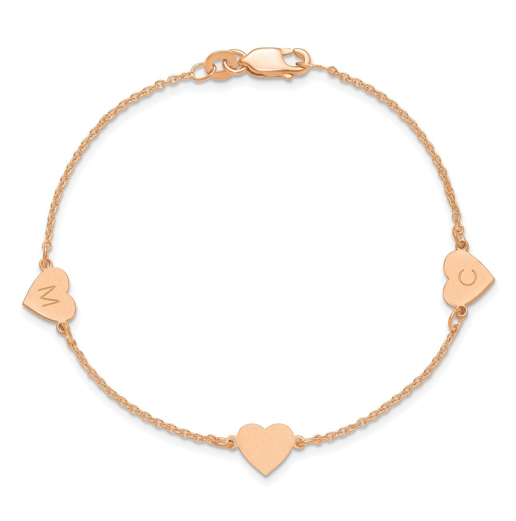 14K Yellow Or White Or Rose Gold Or Sterling Silver Brushed Station Heart Bracelet