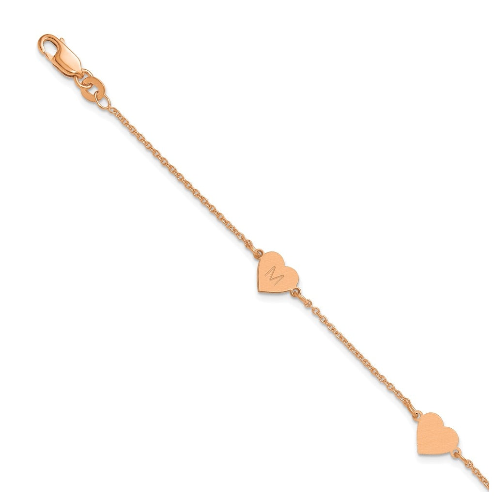 14K Yellow Or White Or Rose Gold Or Sterling Silver Brushed Station Heart Bracelet