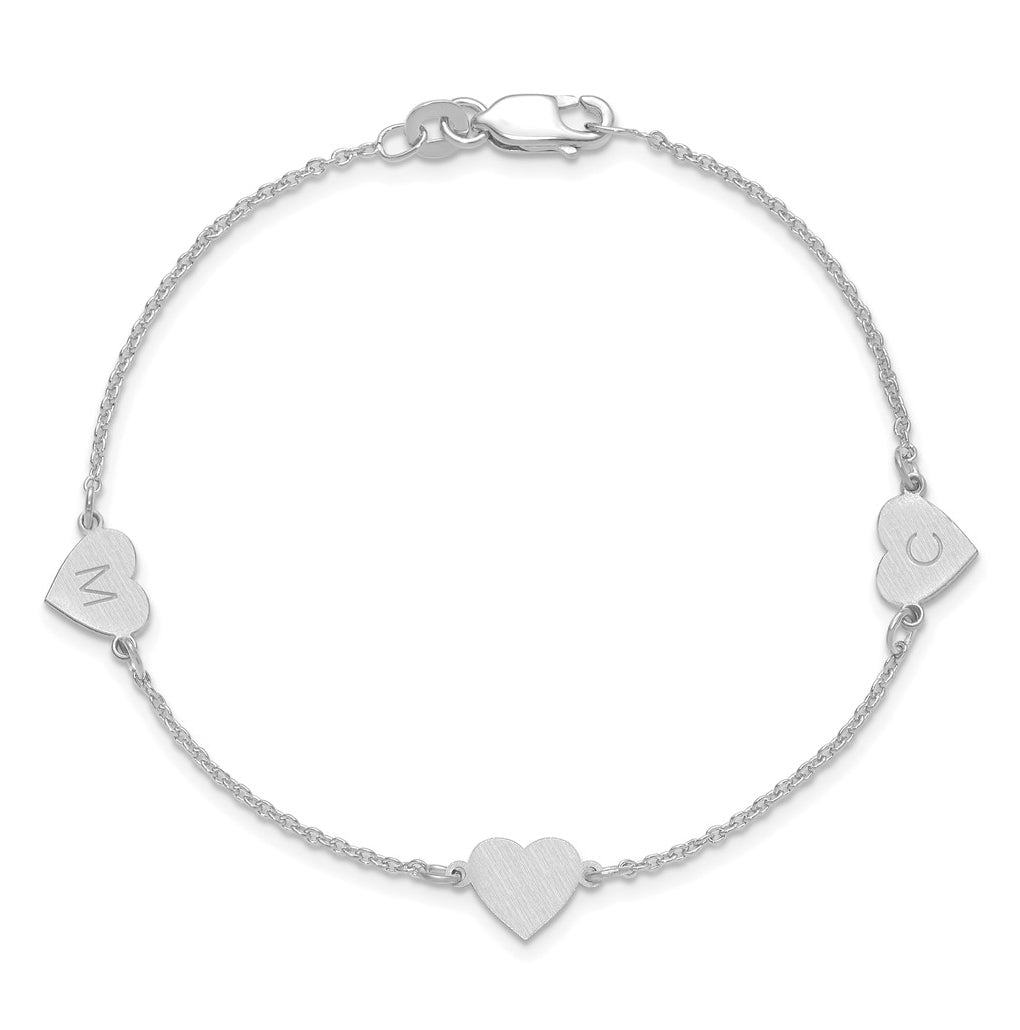 14K Yellow Or White Or Rose Gold Or Sterling Silver Brushed Station Heart Bracelet