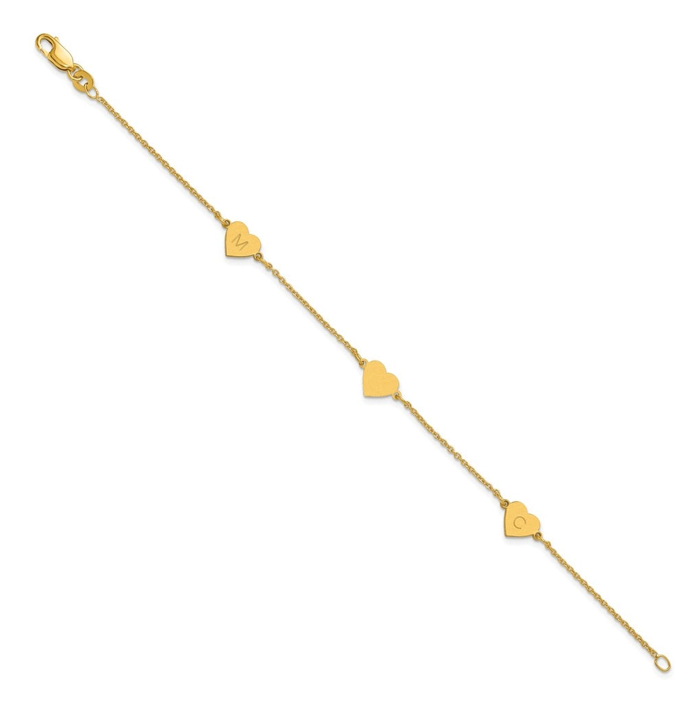14K Yellow Or White Or Rose Gold Or Sterling Silver Brushed Station Heart Bracelet