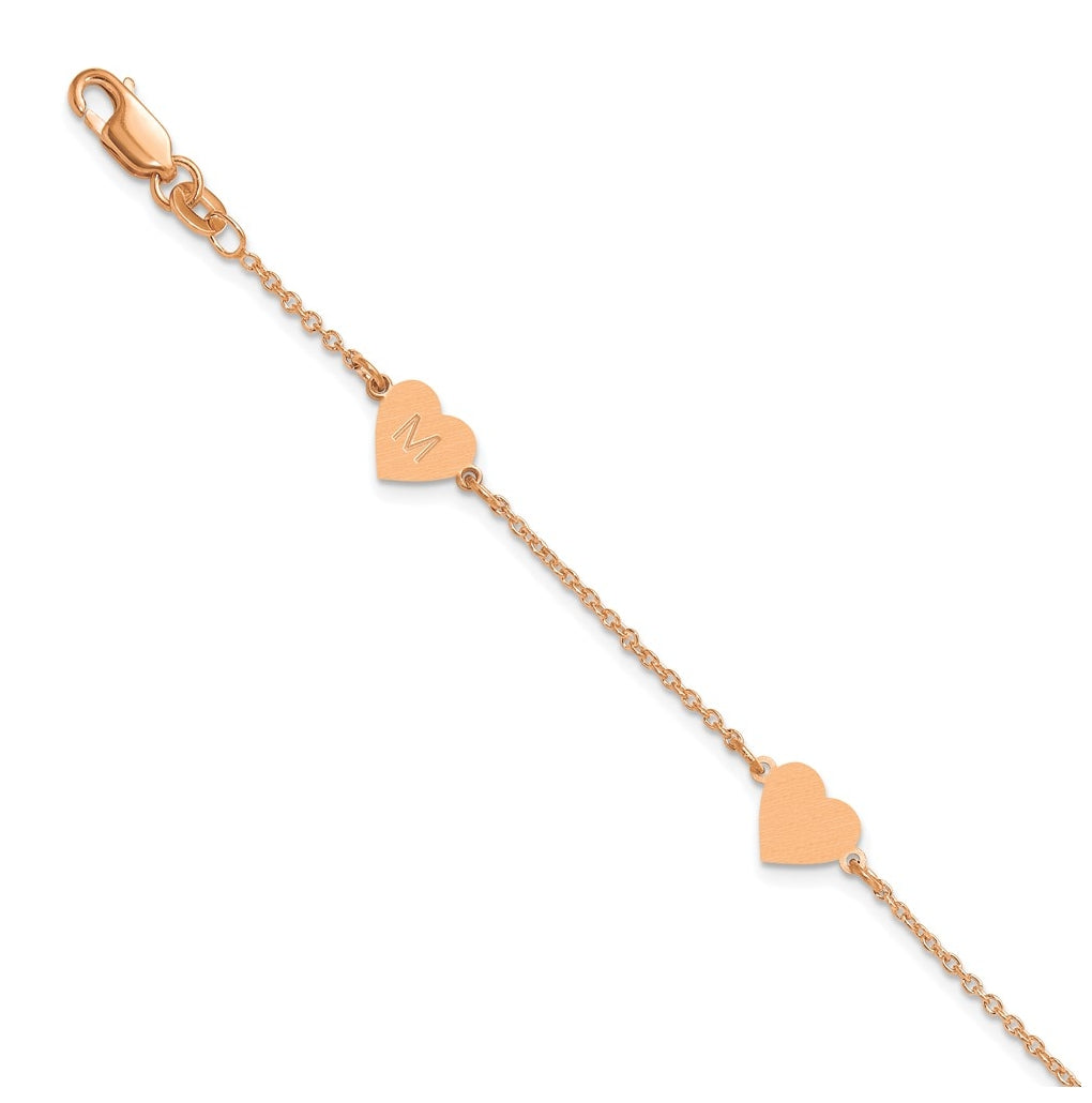 14K Yellow Or White Or Rose Gold Or Sterling Silver Brushed Station Heart Bracelet
