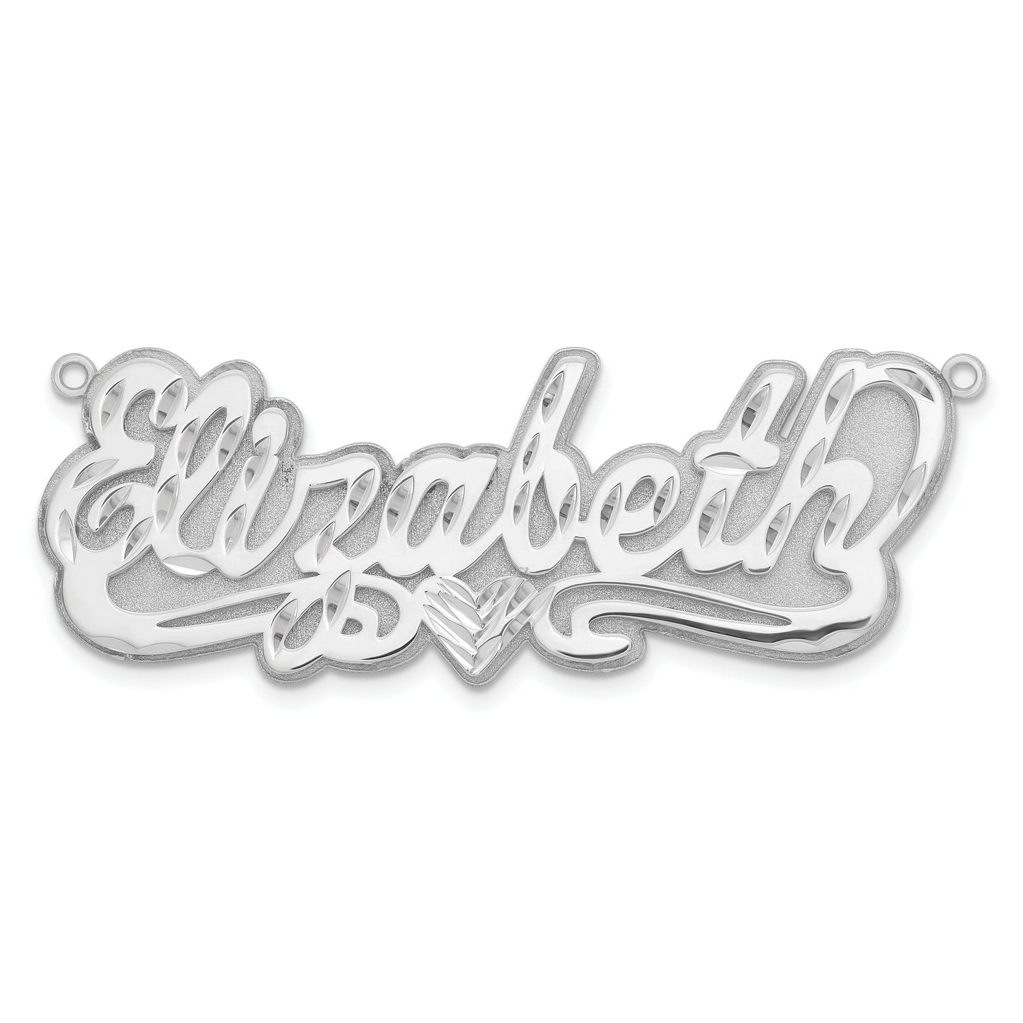 Sterling Silver Rhodium plated 3D Diamond-cut Heart Name Plate