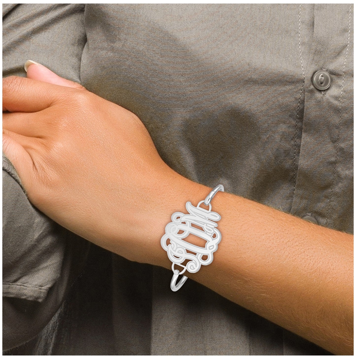 10K White Gold Etched Outline Monogram Plate w/Sterling Silver Bangle
