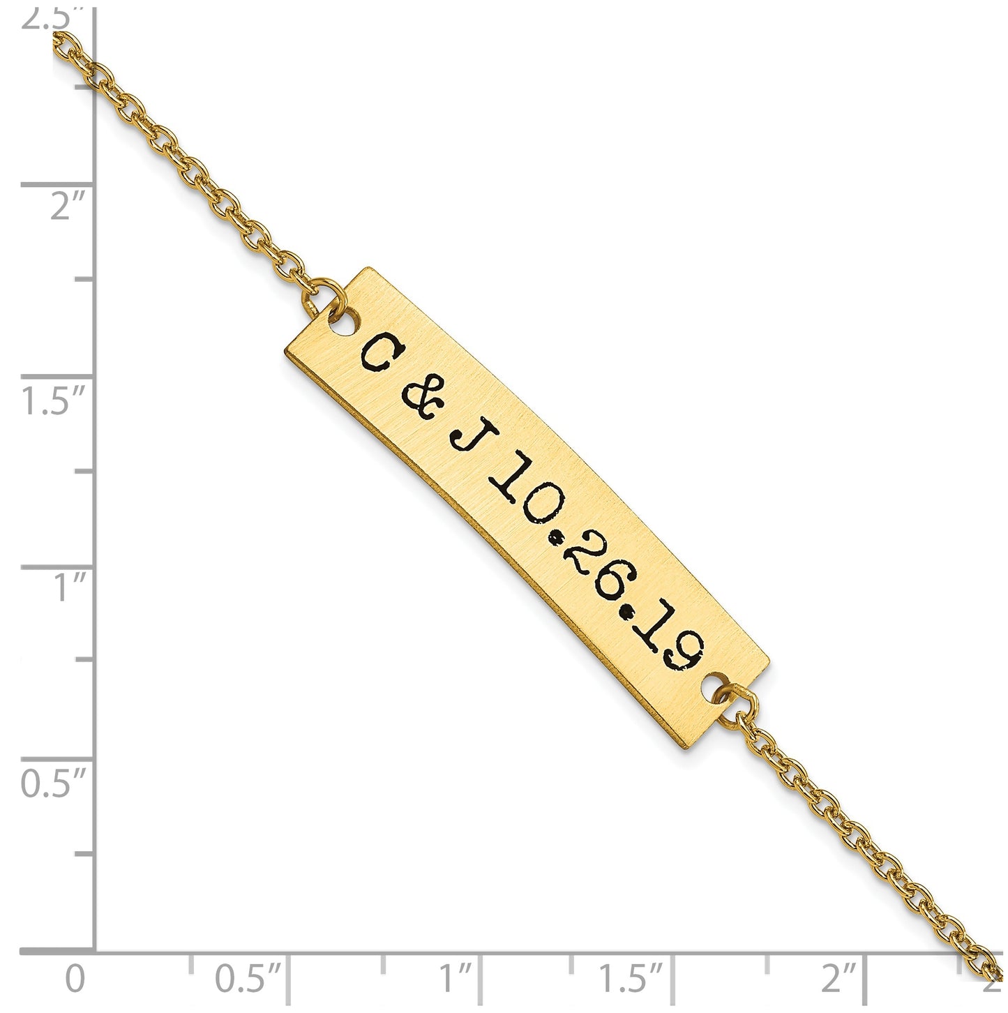 14K Yellow Gold Brushed Couple's Initials and Date Enameled Bar Bracelet