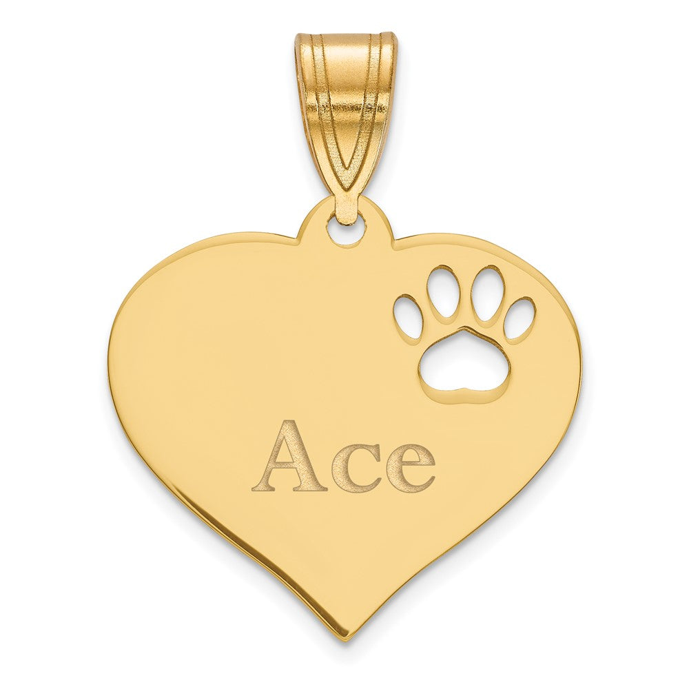 14K Yellow Gold Personalized Heart with Paw Print Cut Out Pendant