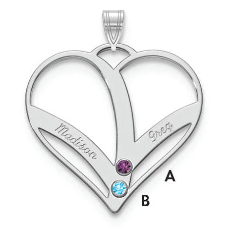 10K White Gold 2-Name w/Birthstones w/14k Bezel Cut Out Heart Pendant