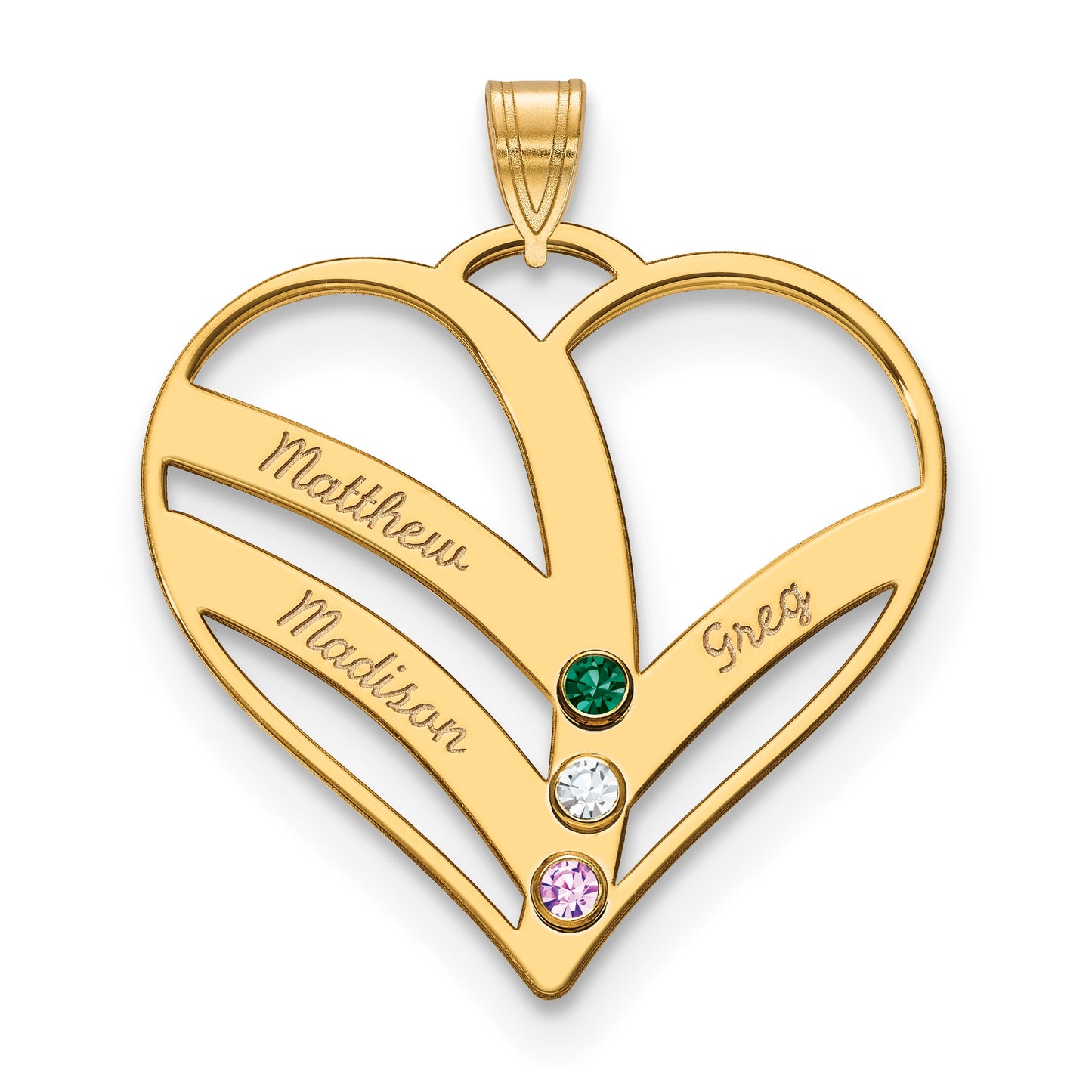 10K Yellow Gold 3-Name w/Birthstones w/14k Bezel Cut Out Heart Pendant