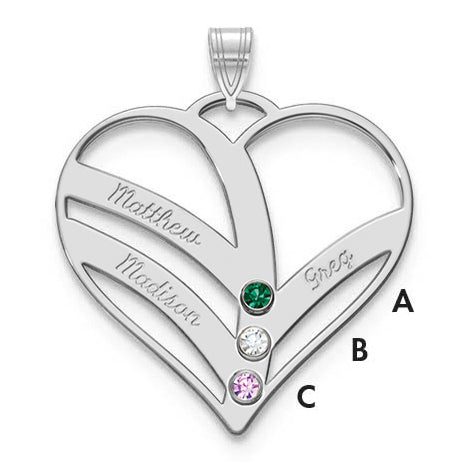 14K White Gold 3-Name w/Birthstones w/18k Rhod-plated Bezel Cut Out Heart Pendant