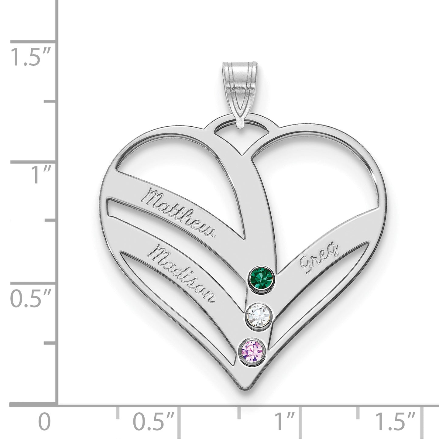 14K White Gold 3-Name w/Birthstones w/18k Rhod-plated Bezel Cut Out Heart Pendant