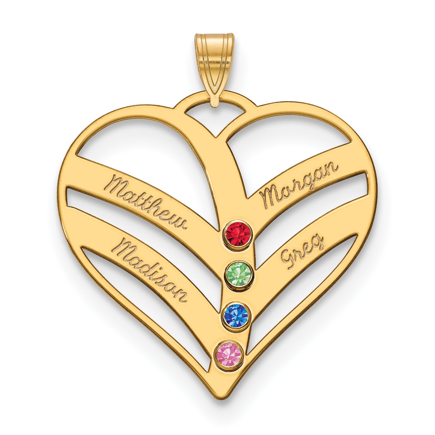 10K Yellow Gold 4-Name w/Birthstones w/14k Bezel Cut Out Heart Pendant