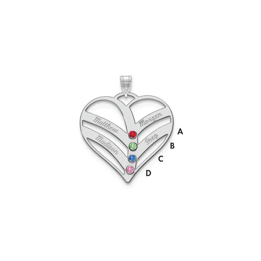 14K White Gold 4-Name w/Birthstones w/18k Rhod-plated Bezel Cut Out Heart Pendant