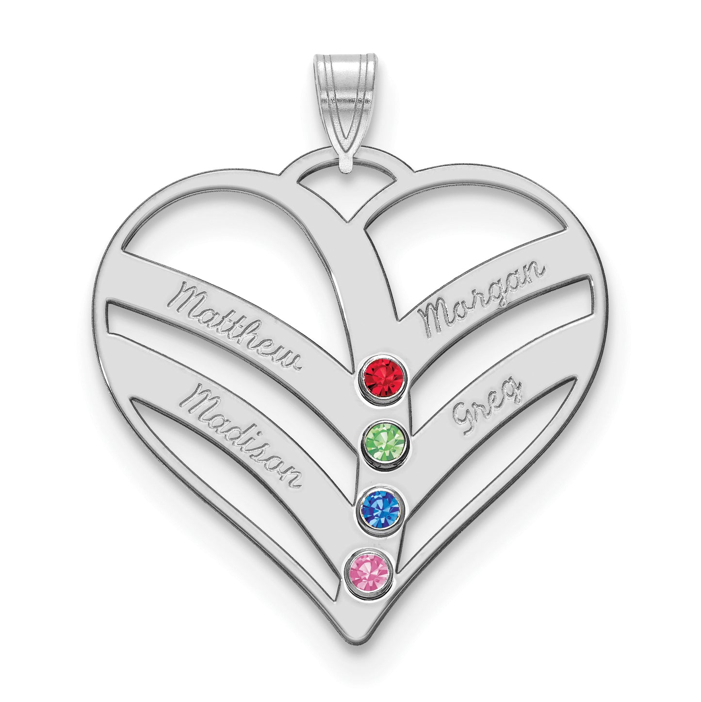 14K White Gold 4-Name w/Birthstones w/18k Rhod-plated Bezel Cut Out Heart Pendant