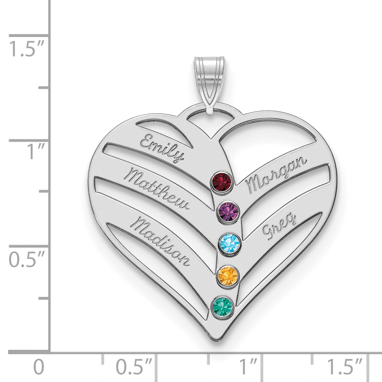 Sterling Silver Rhodium plated 5 Name and Birthstone Cut Out Heart Necklace