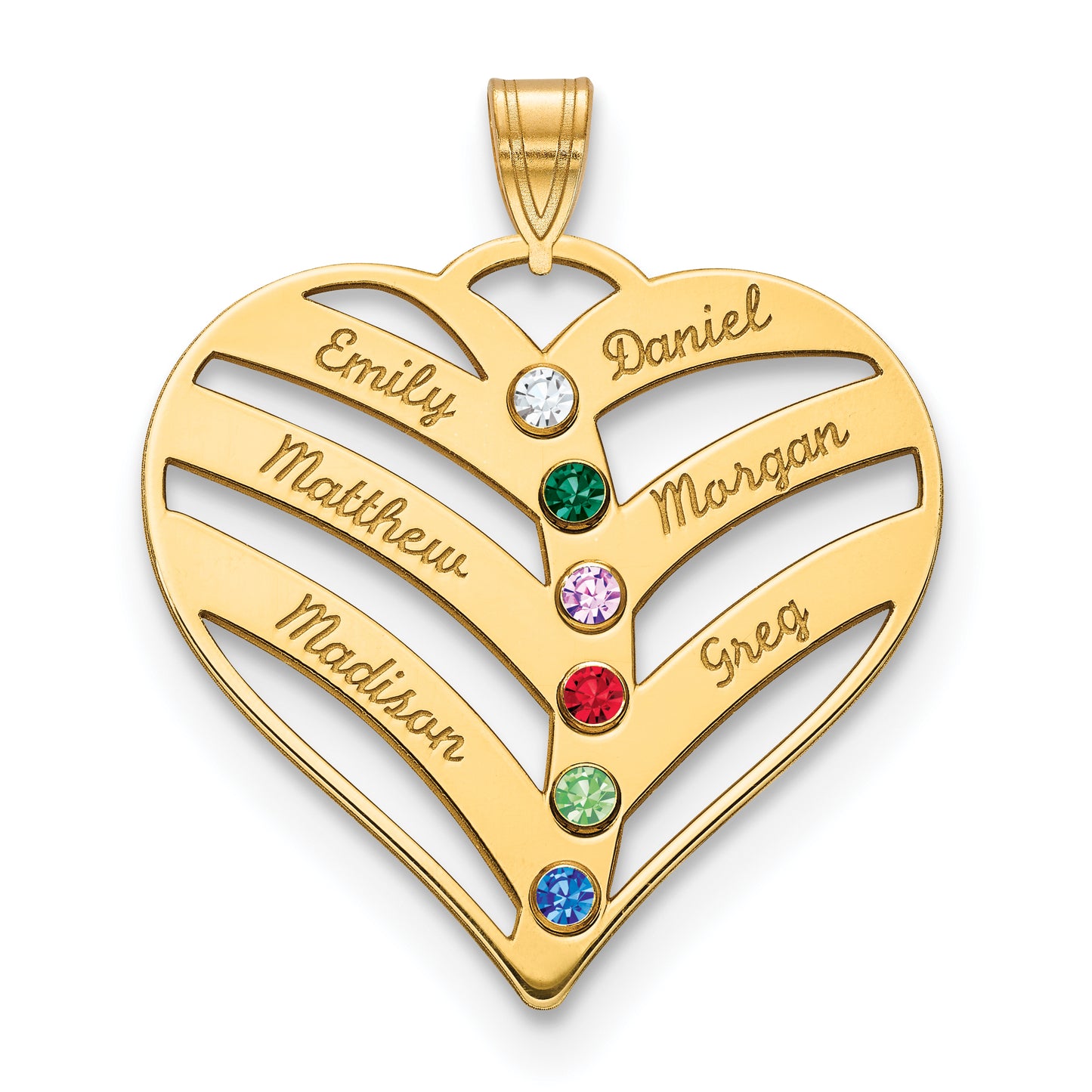 10K Yellow Gold 6-Name w/Birthstones w/14k Bezel Cut Out Heart Pendant