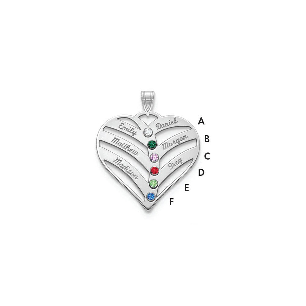 14K White Gold 6-Name w/Birthstones w/18k Rhod-plated Bezel Cut Out Heart Pendant